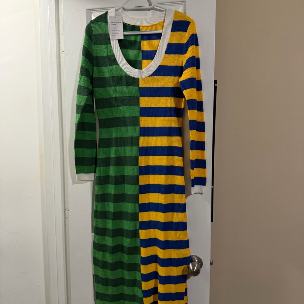 Colorblock Striped Long Sleeve Knit Dress - Green, Blue & Yellow